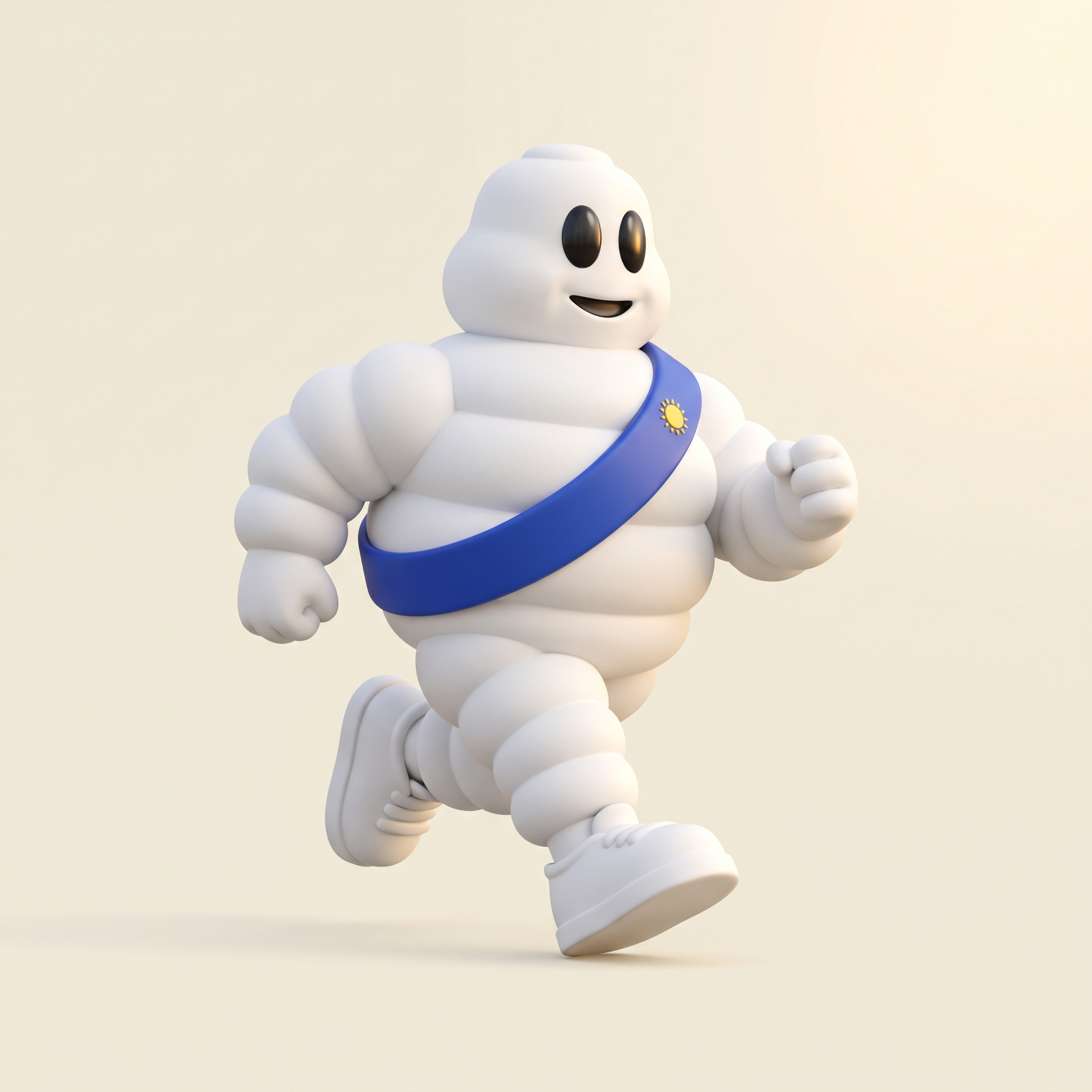 Bibendum avec son écharpe bleue et son soleil doré